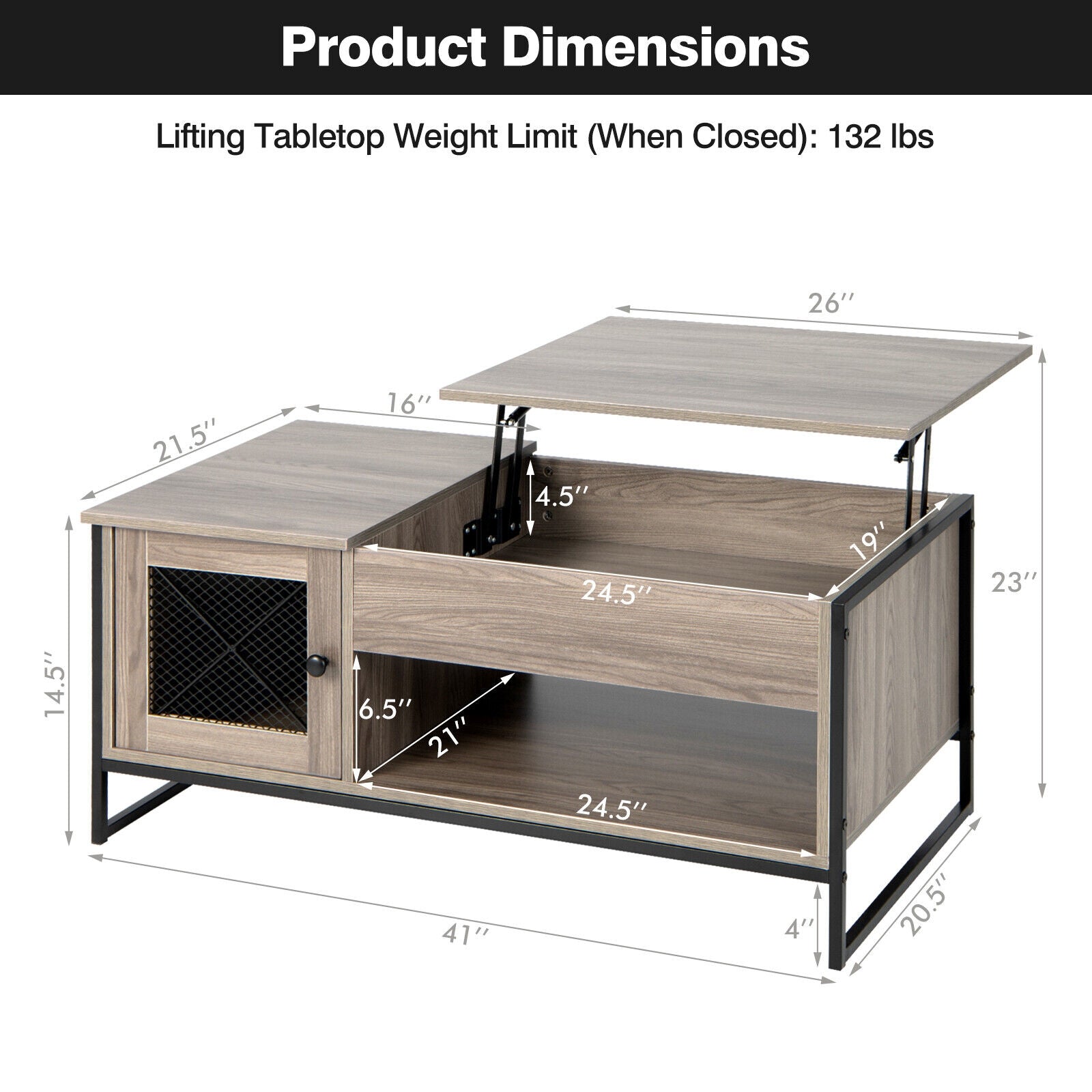 42 Inch Lift Top Coffee Table with Storage and Hidden Compartment-Gray