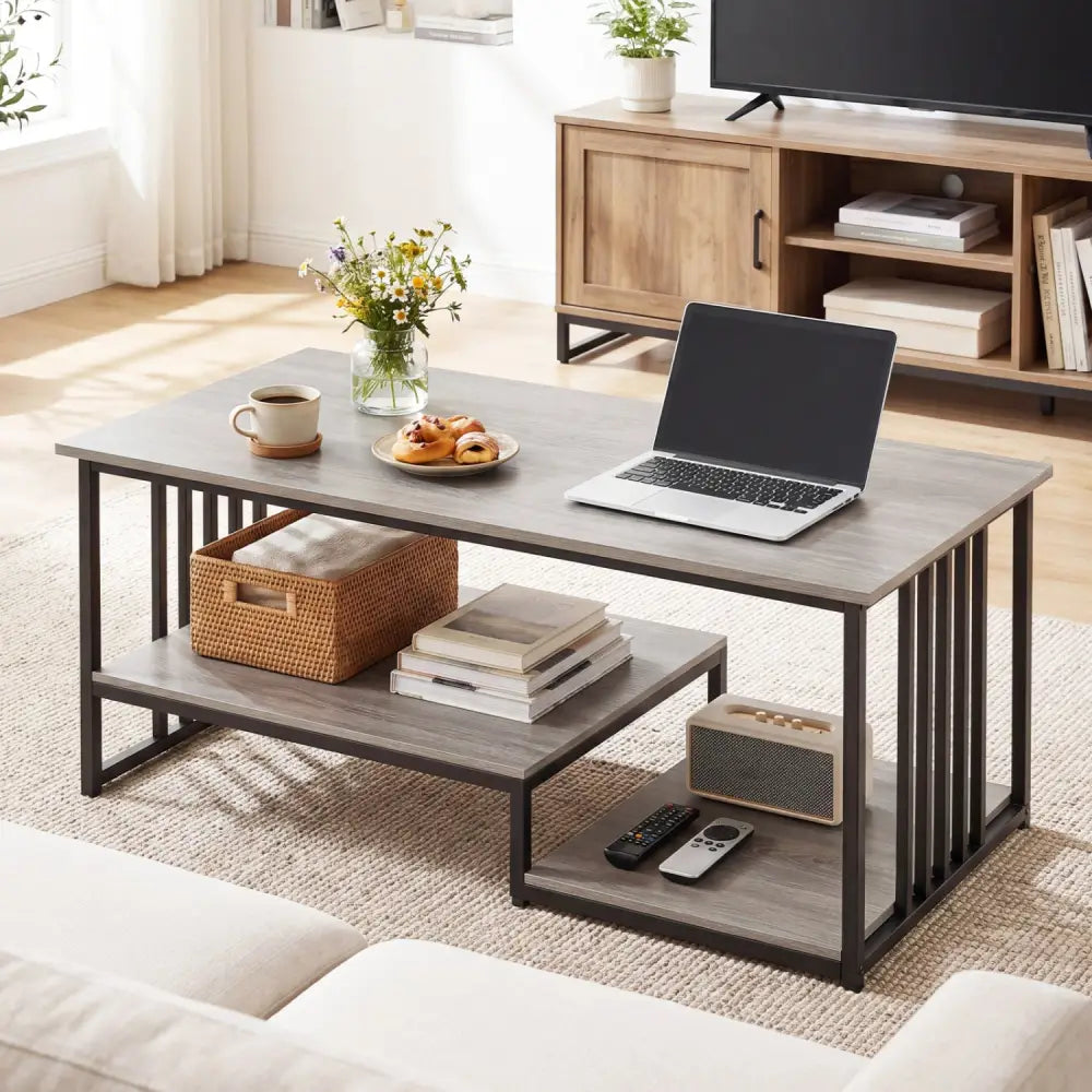 43.5’’ Coffee Table 2-Tier with Open Storage Shelf-Oak - Oak - Coffee Tables