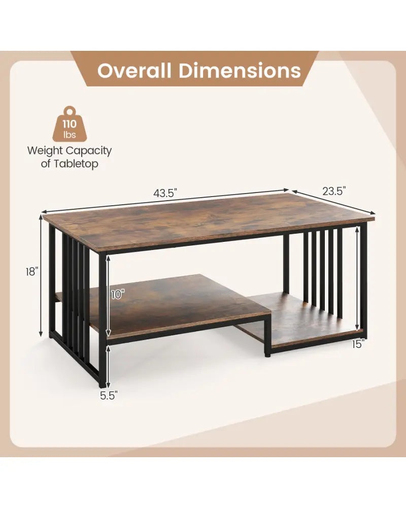 43.5’’ Coffee Table 2-Tier with Open Storage Shelf-RusticBrown - Rustic Brown - Coffee Tables