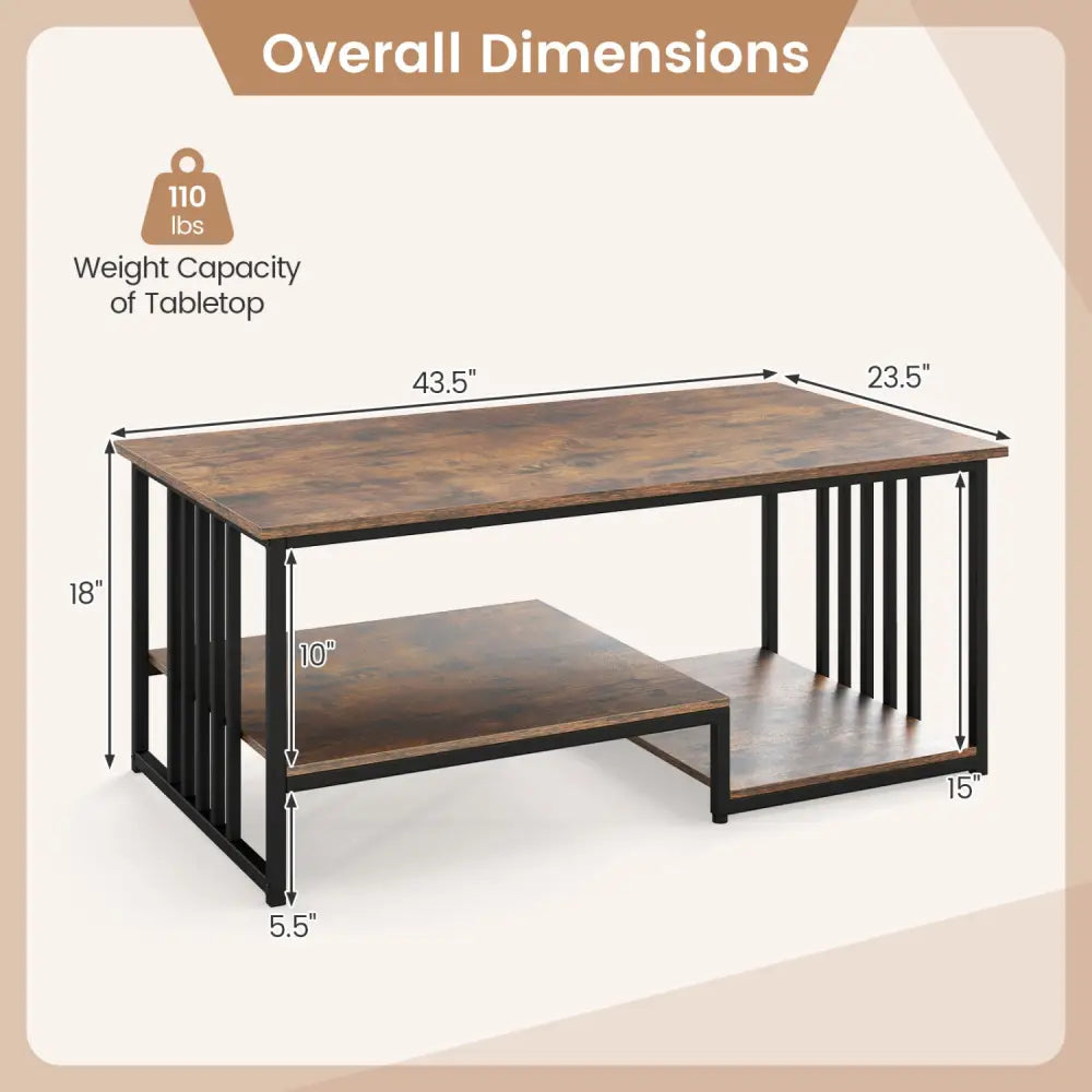 43.5’’ Coffee Table 2-Tier with Open Storage Shelf-RusticBrown - Rustic Brown - Coffee Tables