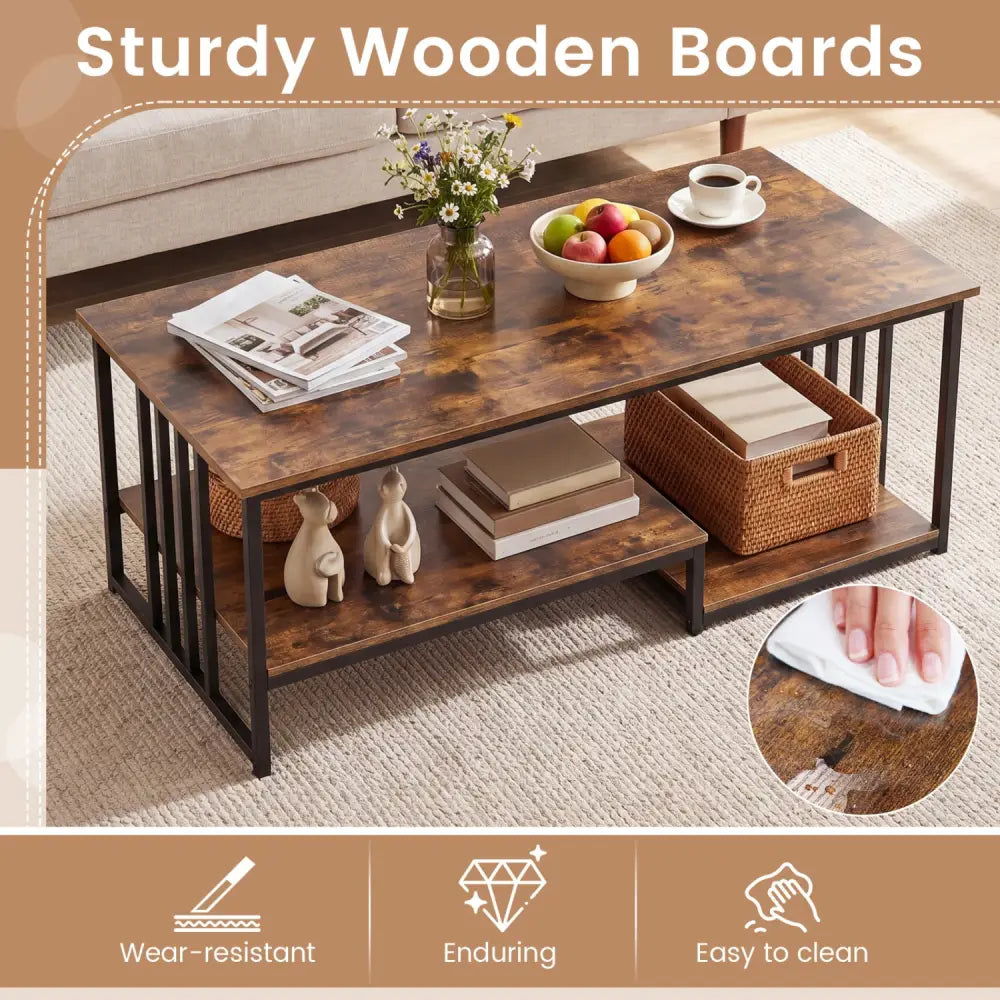 43.5’’ Coffee Table 2-Tier with Open Storage Shelf-RusticBrown - Rustic Brown - Coffee Tables