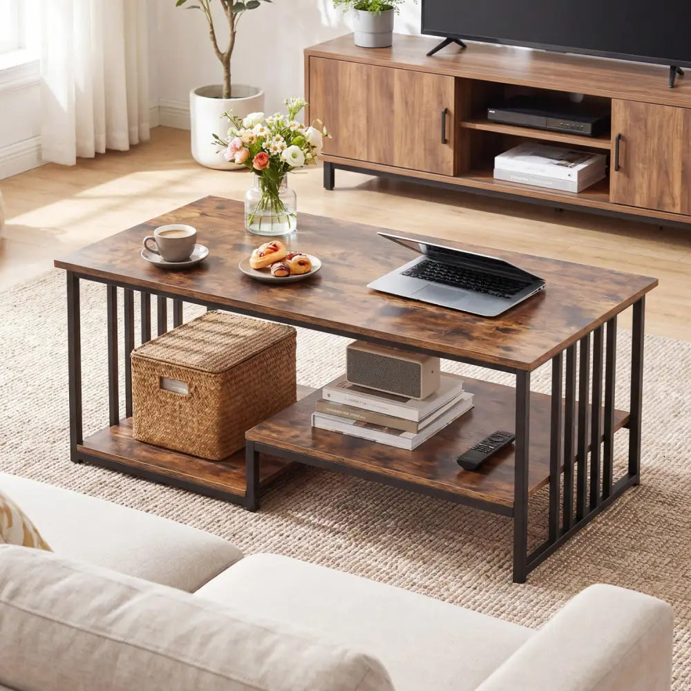 43.5’’ Coffee Table 2-Tier with Open Storage Shelf-RusticBrown - Rustic Brown - Coffee Tables
