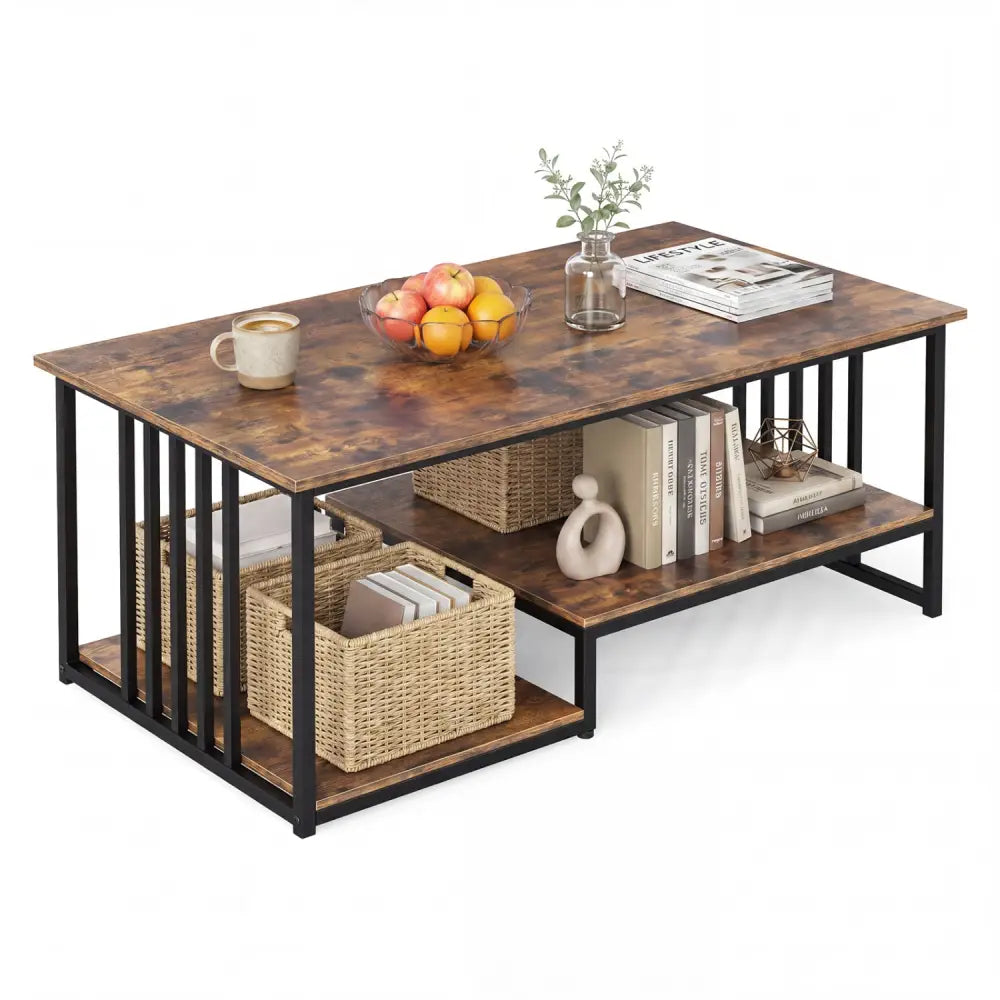 43.5’’ Coffee Table 2-Tier with Open Storage Shelf-RusticBrown - Rustic Brown - Coffee Tables