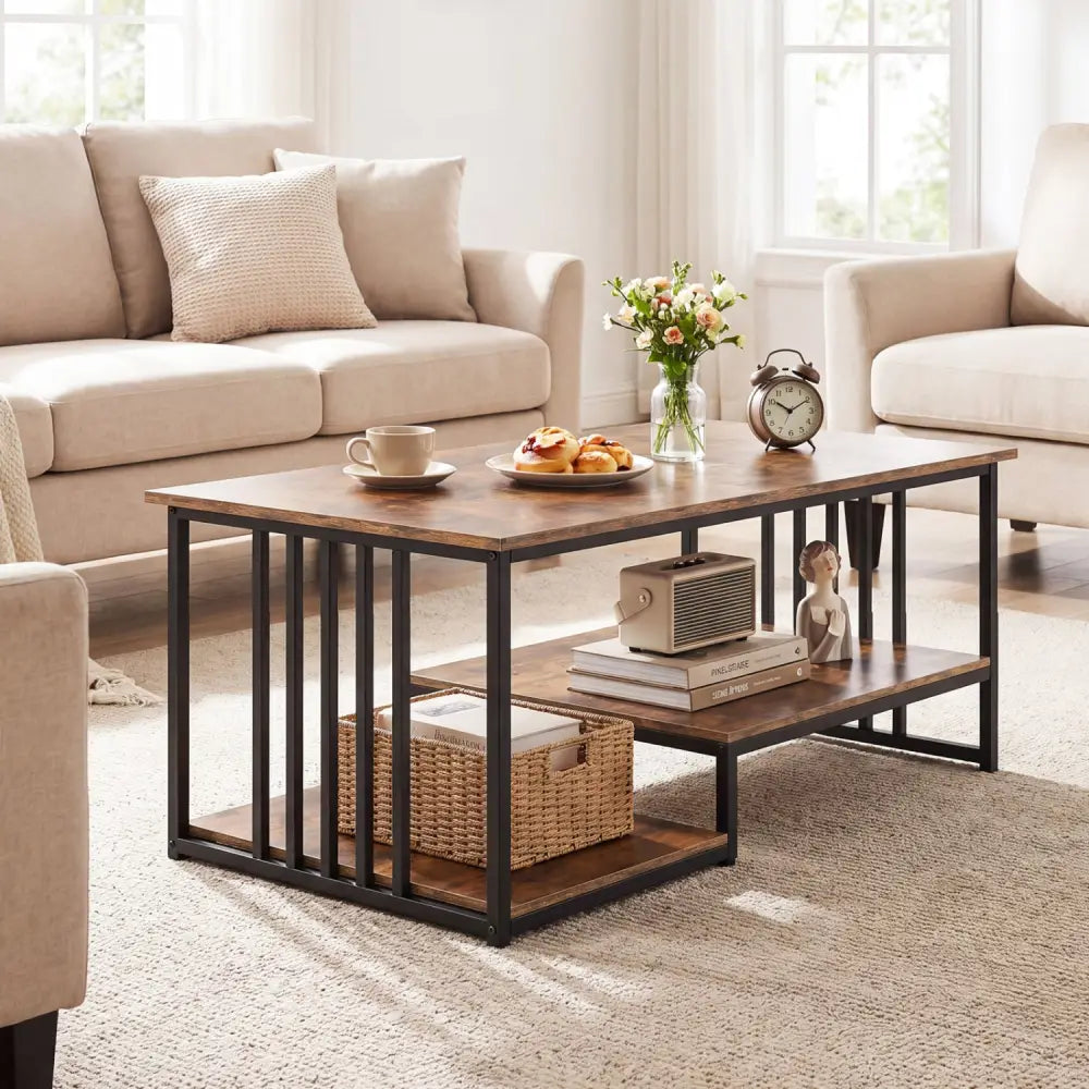 43.5’’ Coffee Table 2-Tier with Open Storage Shelf-RusticBrown - Rustic Brown - Coffee Tables