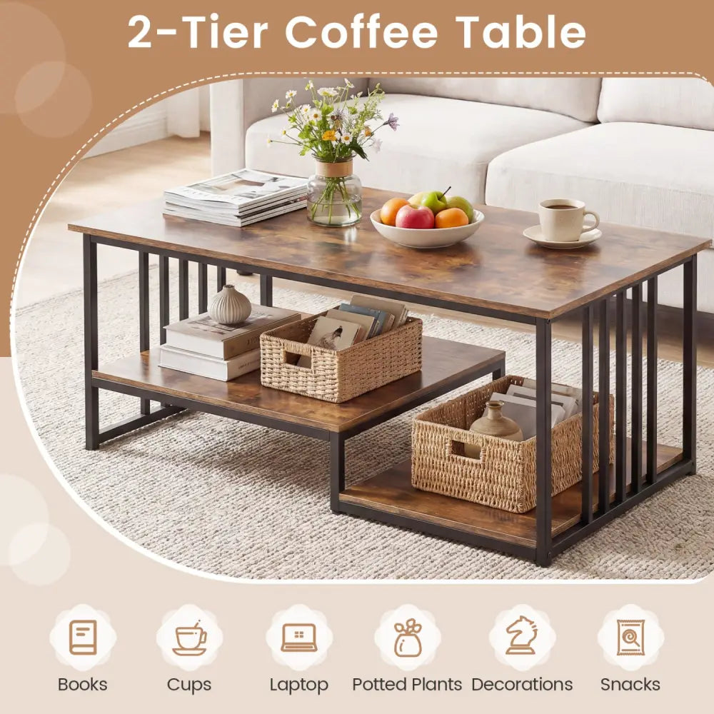 43.5’’ Coffee Table 2-Tier with Open Storage Shelf-RusticBrown - Rustic Brown - Coffee Tables