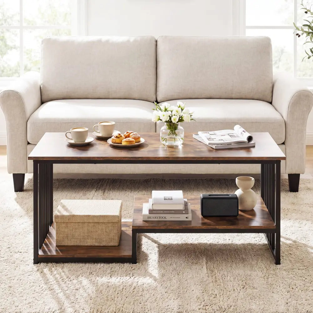 43.5’’ Coffee Table 2-Tier with Open Storage Shelf-RusticBrown - Rustic Brown - Coffee Tables