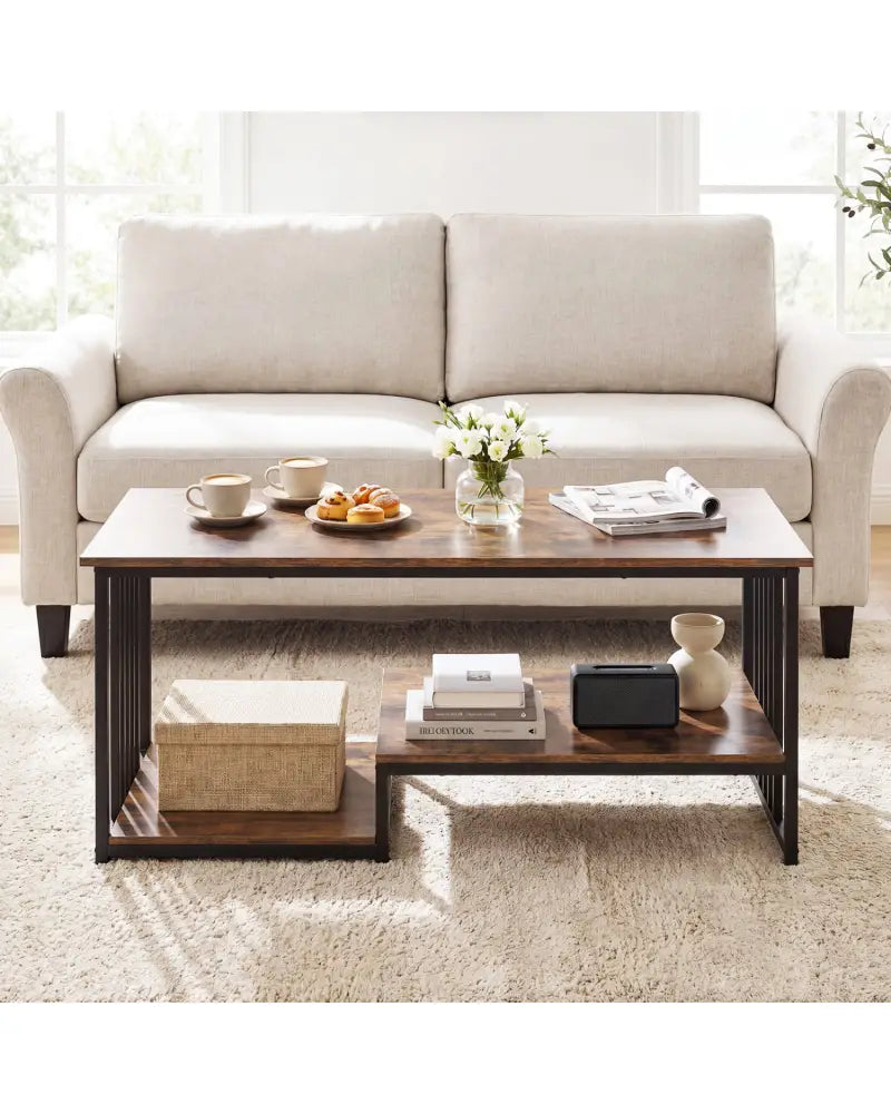 43.5’’ Coffee Table 2-Tier with Open Storage Shelf-RusticBrown - Rustic Brown - Coffee Tables