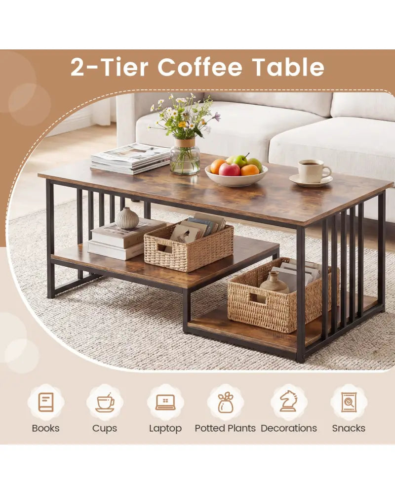 43.5’’ Coffee Table 2-Tier with Open Storage Shelf-RusticBrown - Rustic Brown - Coffee Tables