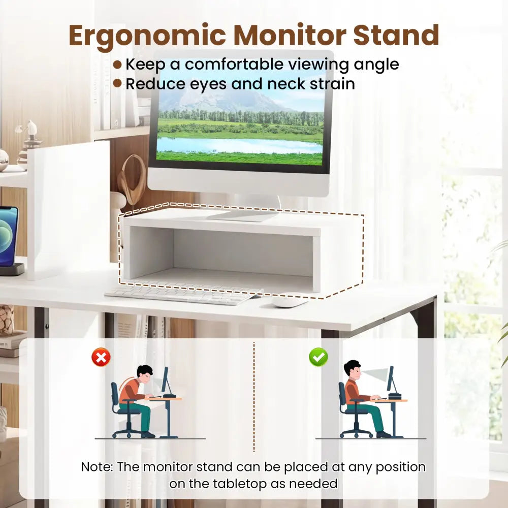 43.5’’ Computer Desk with Charging Station and Ergonomic Monitor Stand-White - White - Computer Desks