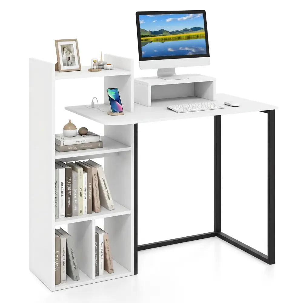 43.5’’ Computer Desk with Charging Station and Ergonomic Monitor Stand-White - White - Computer Desks