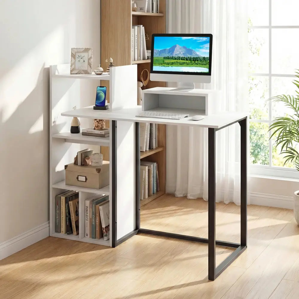 43.5’’ Computer Desk with Charging Station and Ergonomic Monitor Stand-White - White - Computer Desks