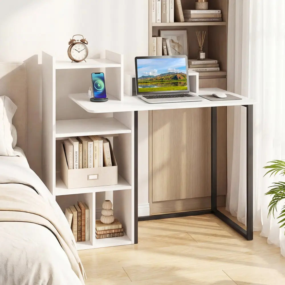 43.5’’ Computer Desk with Charging Station and Ergonomic Monitor Stand-White - White - Computer Desks
