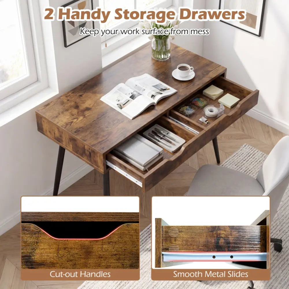 43.5 Inch Computer Desk with 2 Drawers for Small Spaces-Walnut - Walnut - Writing Desks