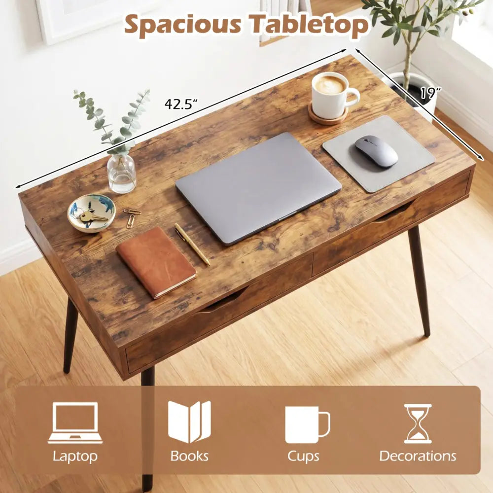 43.5 Inch Computer Desk with 2 Drawers for Small Spaces-Walnut - Walnut - Writing Desks