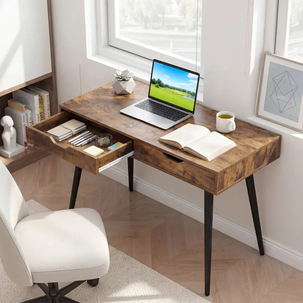 43.5 Inch Computer Desk with 2 Drawers for Small Spaces-Walnut - Walnut - Writing Desks