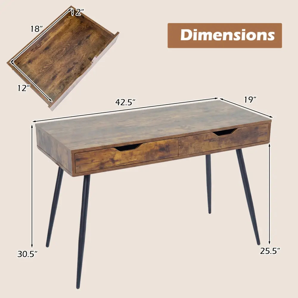 43.5 Inch Computer Desk with 2 Drawers for Small Spaces-Walnut - Walnut - Writing Desks