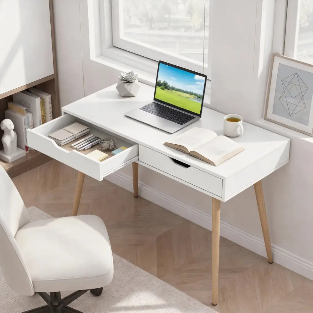 43.5 Inch Computer Desk with 2 Drawers for Small Spaces-White - White - Writing Desks