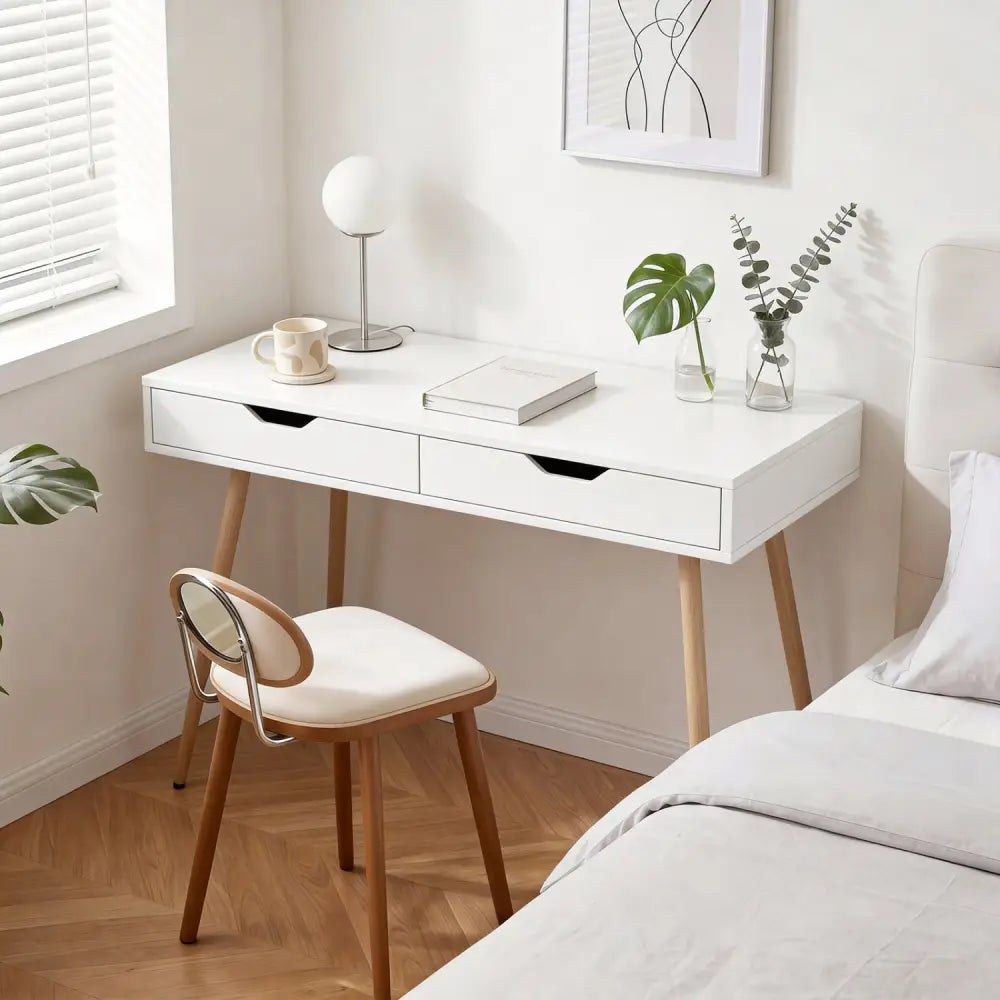 43.5 Inch Computer Desk with 2 Drawers for Small Spaces-White - White - Writing Desks