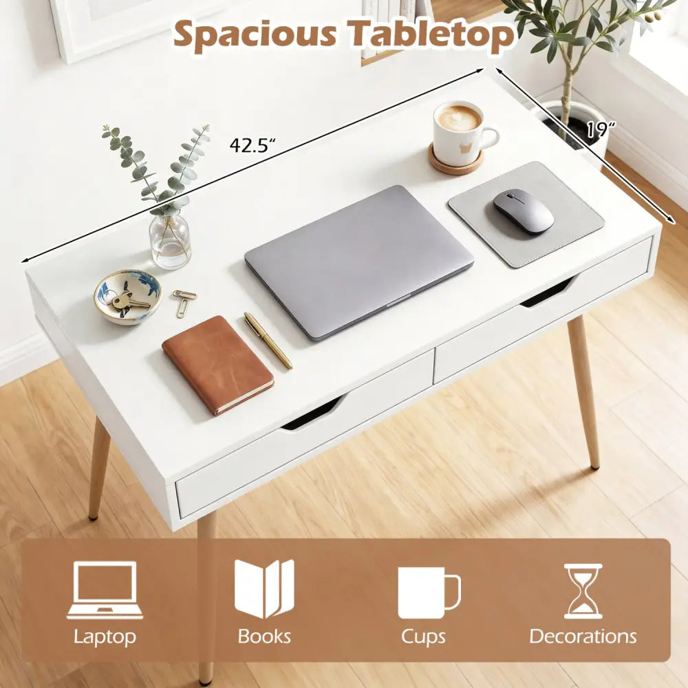 43.5 Inch Computer Desk with 2 Drawers for Small Spaces-White - White - Writing Desks