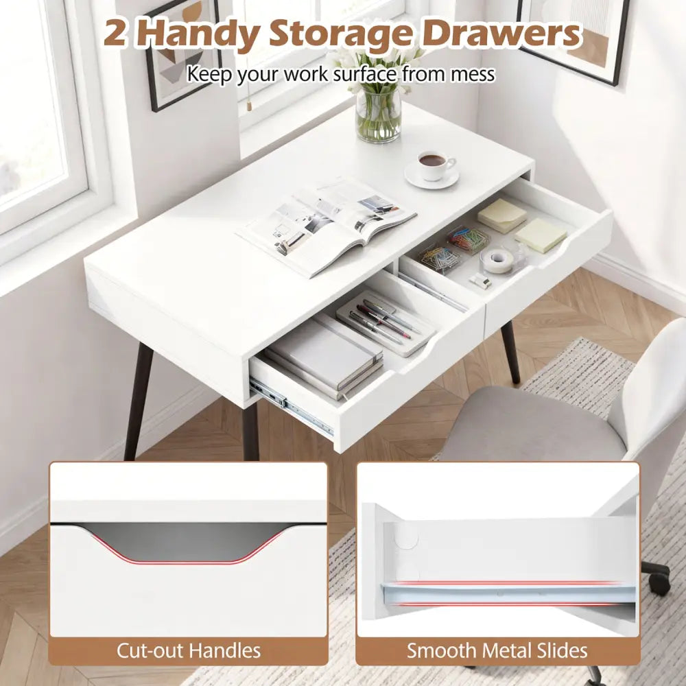 43.5 Inch Computer Desk with 2 Drawers for Small Spaces-White - White - Writing Desks