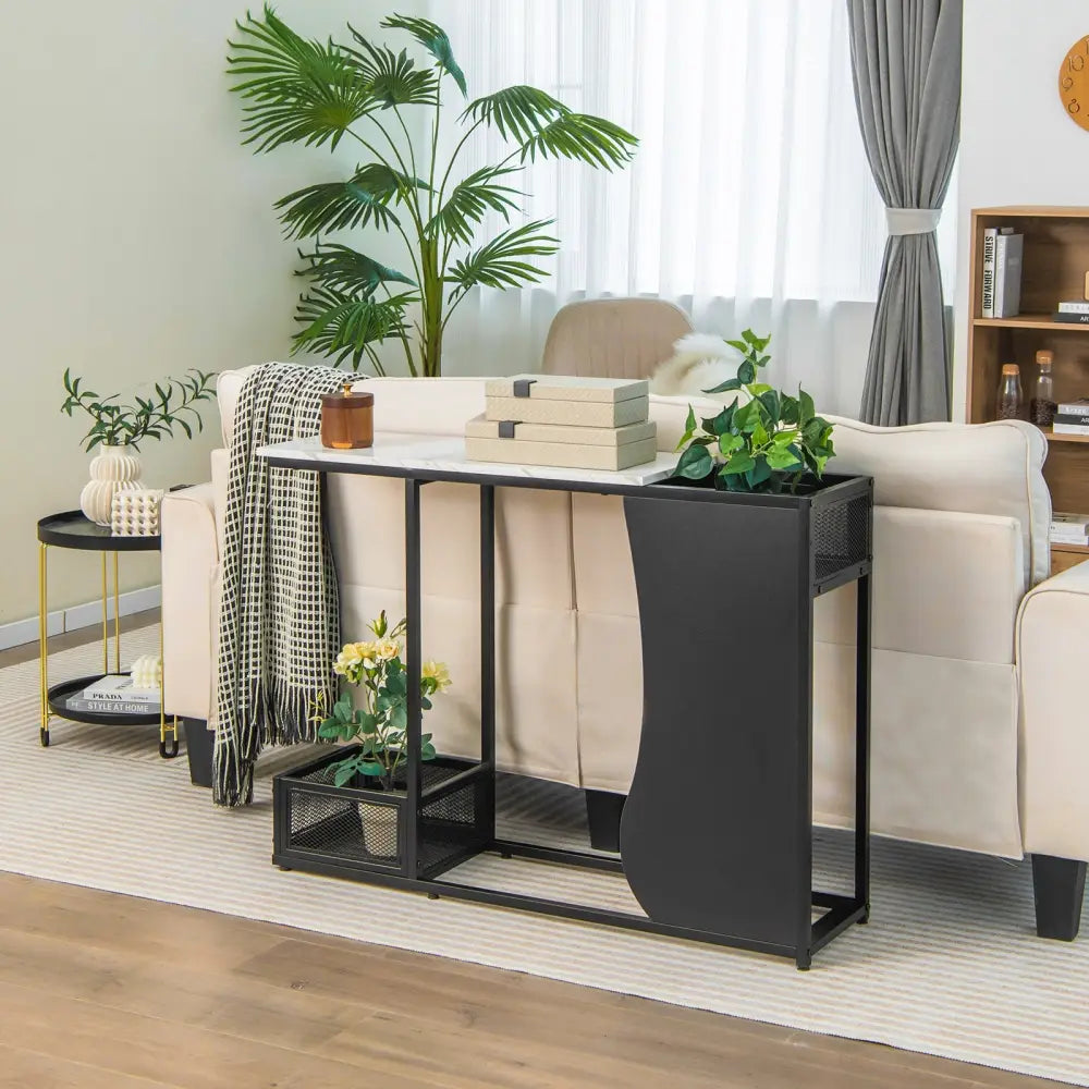 43.5 Inch Console Table with Plant Position and Faux Marble Top-Black - Black - Console Tables