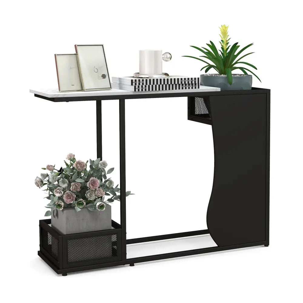 43.5 Inch Console Table with Plant Position and Faux Marble Top-Black - Black - Console Tables