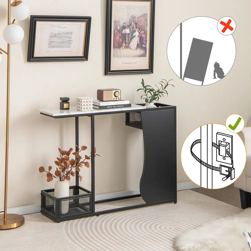 43.5 Inch Console Table with Plant Position and Faux Marble Top-Black - Black - Console Tables
