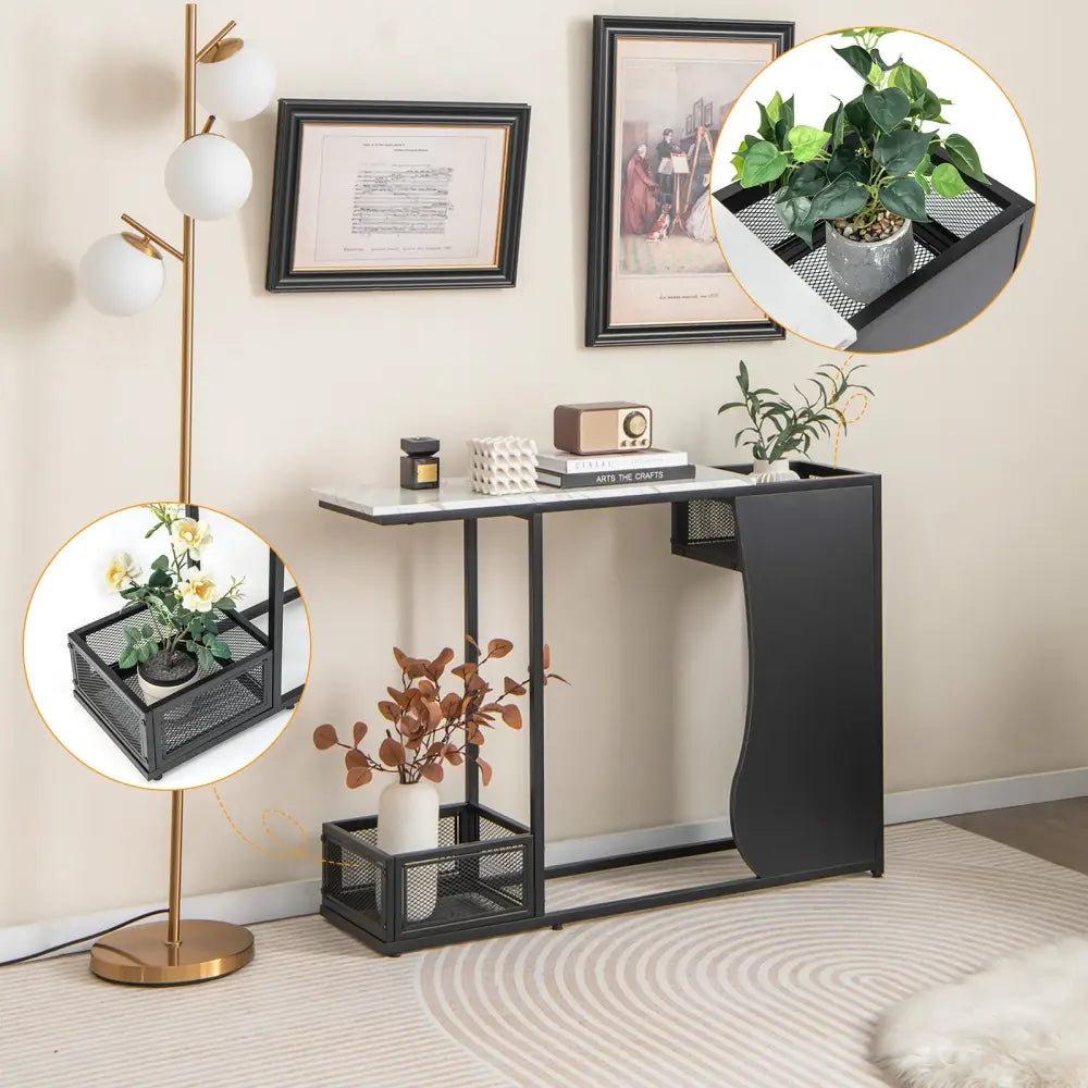 43.5 Inch Console Table with Plant Position and Faux Marble Top-Black - Black - Console Tables