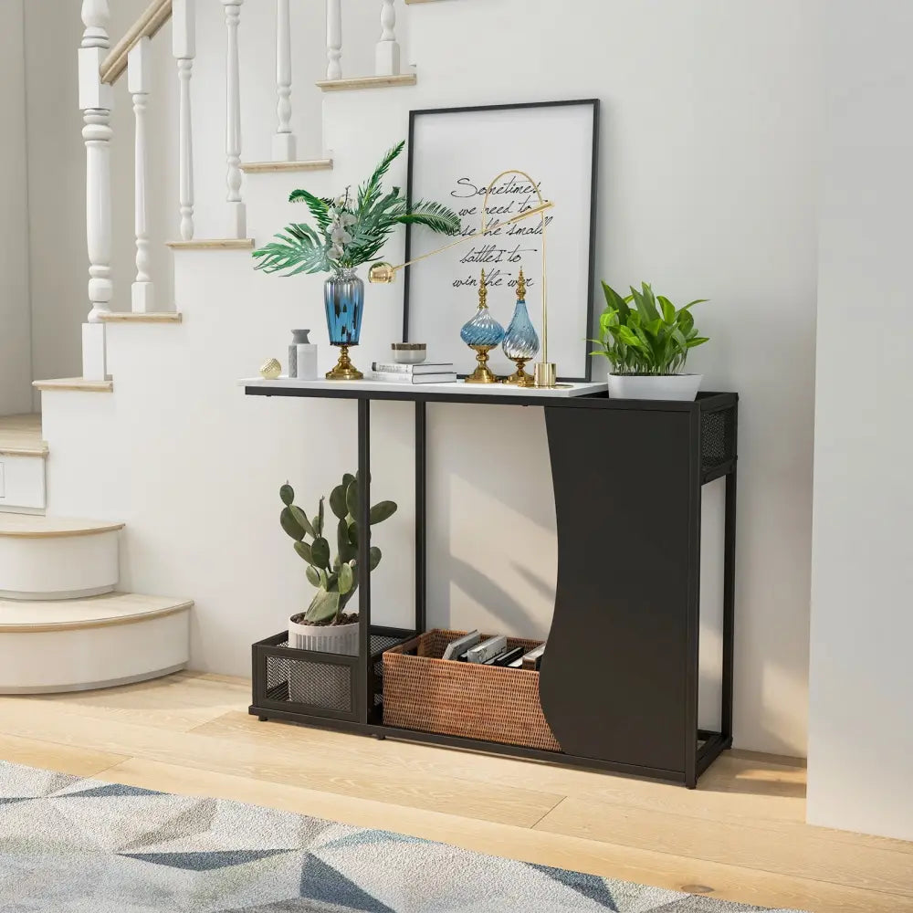 43.5 Inch Console Table with Plant Position and Faux Marble Top-Black - Black - Console Tables