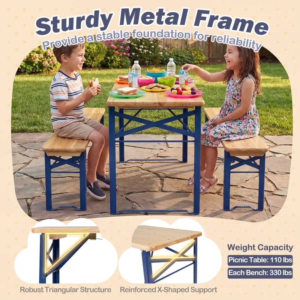 43.5 Inch Folding Kids Picnic Table & Bench Set No Assembly Wooden Toddler Table-Navy - Navy - Kids Table & Chair Sets