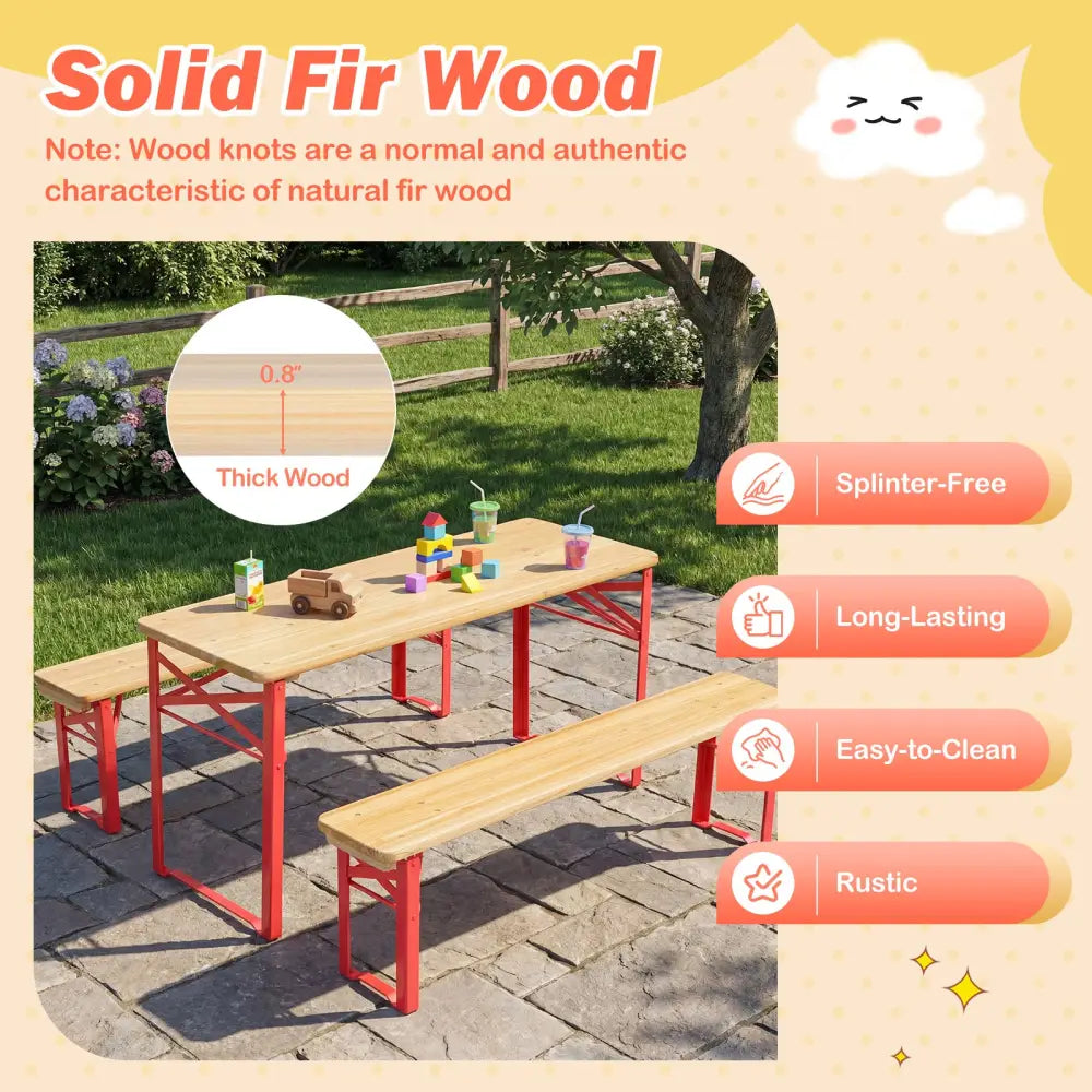 43.5 Inch Folding Kids Picnic Table & Bench Set No Assembly Wooden Toddler Table-Red - Red - Kids Table & Chair Sets