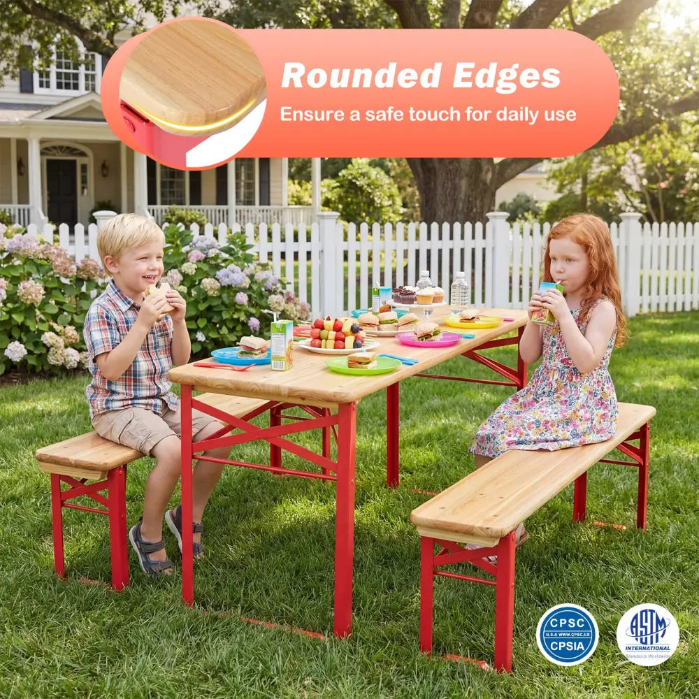 43.5 Inch Folding Kids Picnic Table & Bench Set No Assembly Wooden Toddler Table-Red - Red - Kids Table & Chair Sets