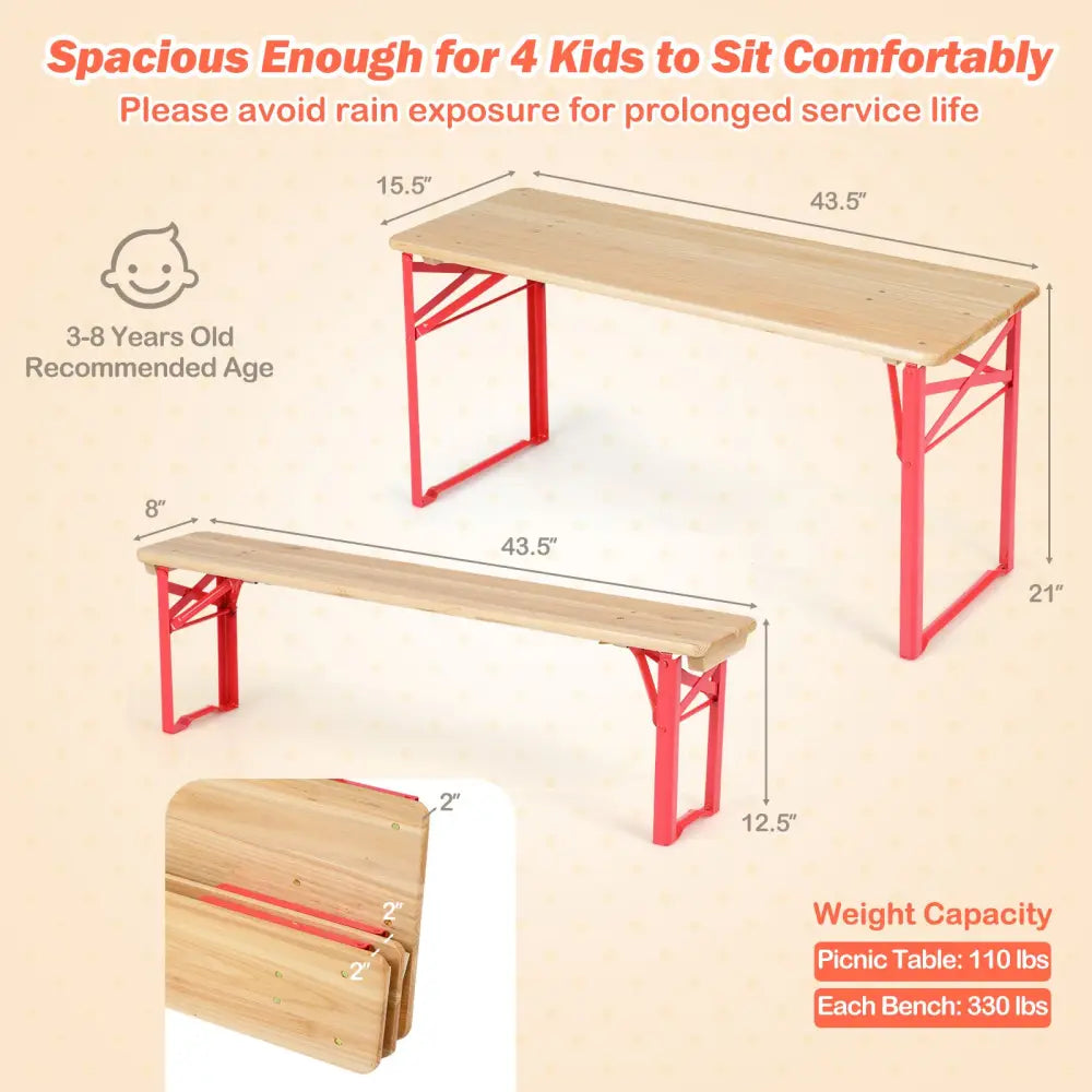 43.5 Inch Folding Kids Picnic Table & Bench Set No Assembly Wooden Toddler Table-Red - Red - Kids Table & Chair Sets