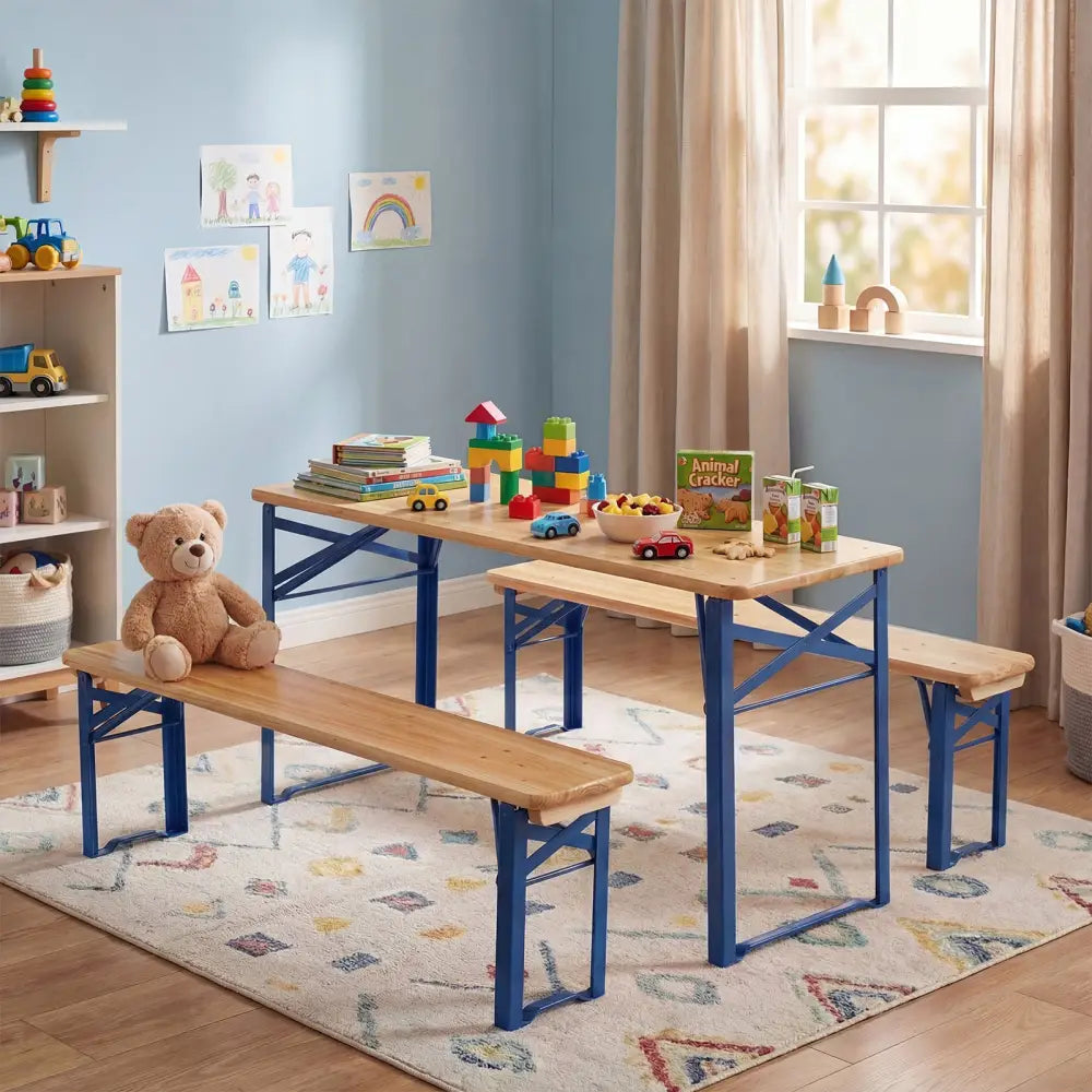 43.5 Inch Folding Kids Picnic Table & Bench Set No Assembly Wooden Toddler Table-Navy - Navy - Kids Table & Chair Sets