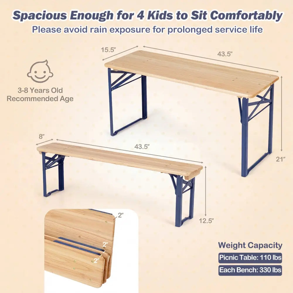 43.5 Inch Folding Kids Picnic Table & Bench Set No Assembly Wooden Toddler Table-Navy - Navy - Kids Table & Chair Sets