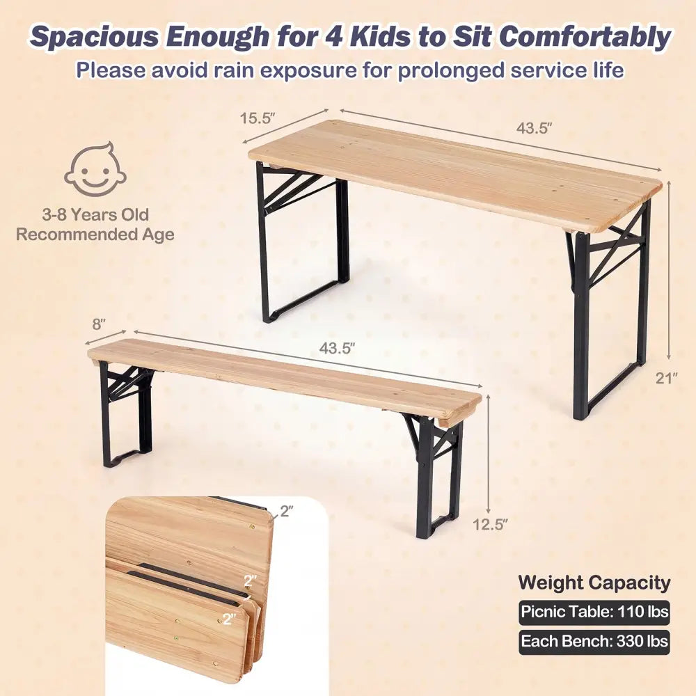 43.5 Inch Folding Kids Picnic Table & Bench Set No Assembly Wooden Toddler Table-Black - Black - Kids Table & Chair Sets
