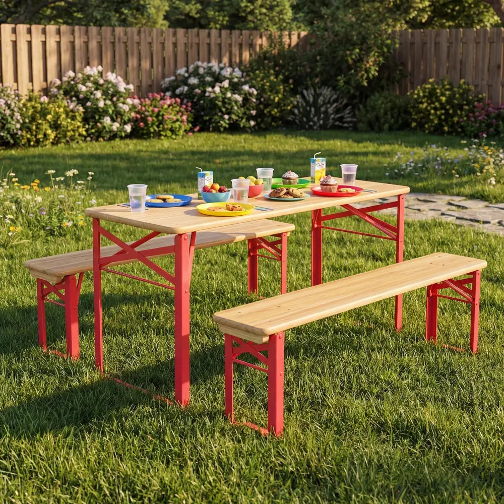 43.5 Inch Folding Kids Picnic Table & Bench Set No Assembly Wooden Toddler Table-Red - Red - Kids Table & Chair Sets