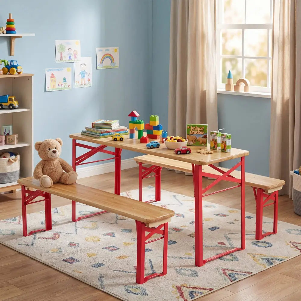 43.5 Inch Folding Kids Picnic Table & Bench Set No Assembly Wooden Toddler Table-Red - Red - Kids Table & Chair Sets