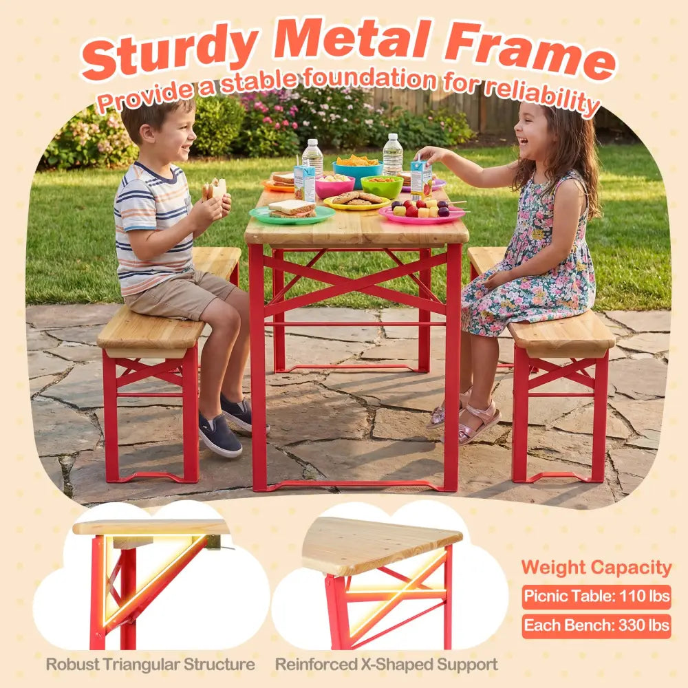 43.5 Inch Folding Kids Picnic Table & Bench Set No Assembly Wooden Toddler Table-Red - Red - Kids Table & Chair Sets