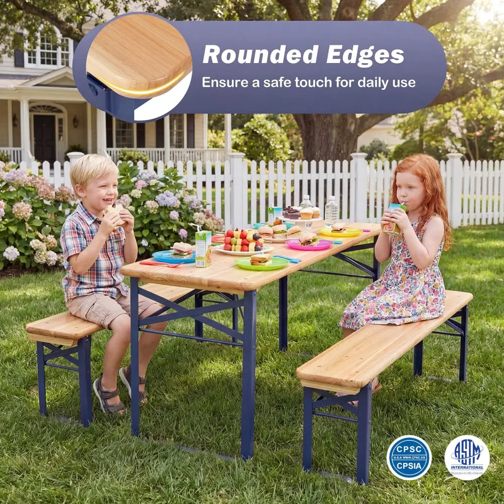 43.5 Inch Folding Kids Picnic Table & Bench Set No Assembly Wooden Toddler Table-Navy - Navy - Kids Table & Chair Sets