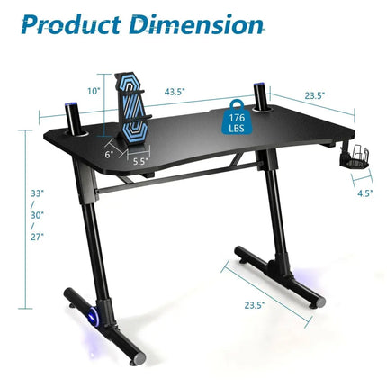 43.5 Inch Height Adjustable Gaming Desk with Blue LED Lights Costway