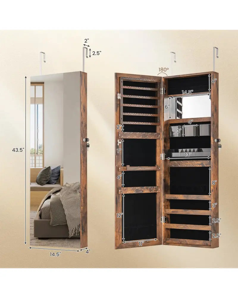 43.5 Inch Jewelry Mirror Cabinet with Full-length Mirror and Adjustable Hangers-Rustic Brown - Rustic Brown - Jewelry