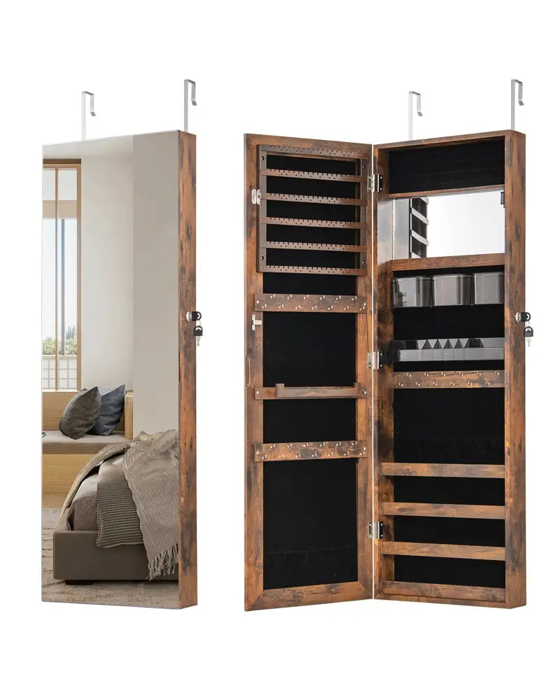 43.5 Inch Jewelry Mirror Cabinet with Full-length Mirror and Adjustable Hangers-Rustic Brown - Rustic Brown - Jewelry