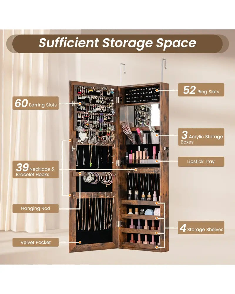 43.5 Inch Jewelry Mirror Cabinet with Full-length Mirror and Adjustable Hangers-Rustic Brown - Rustic Brown - Jewelry