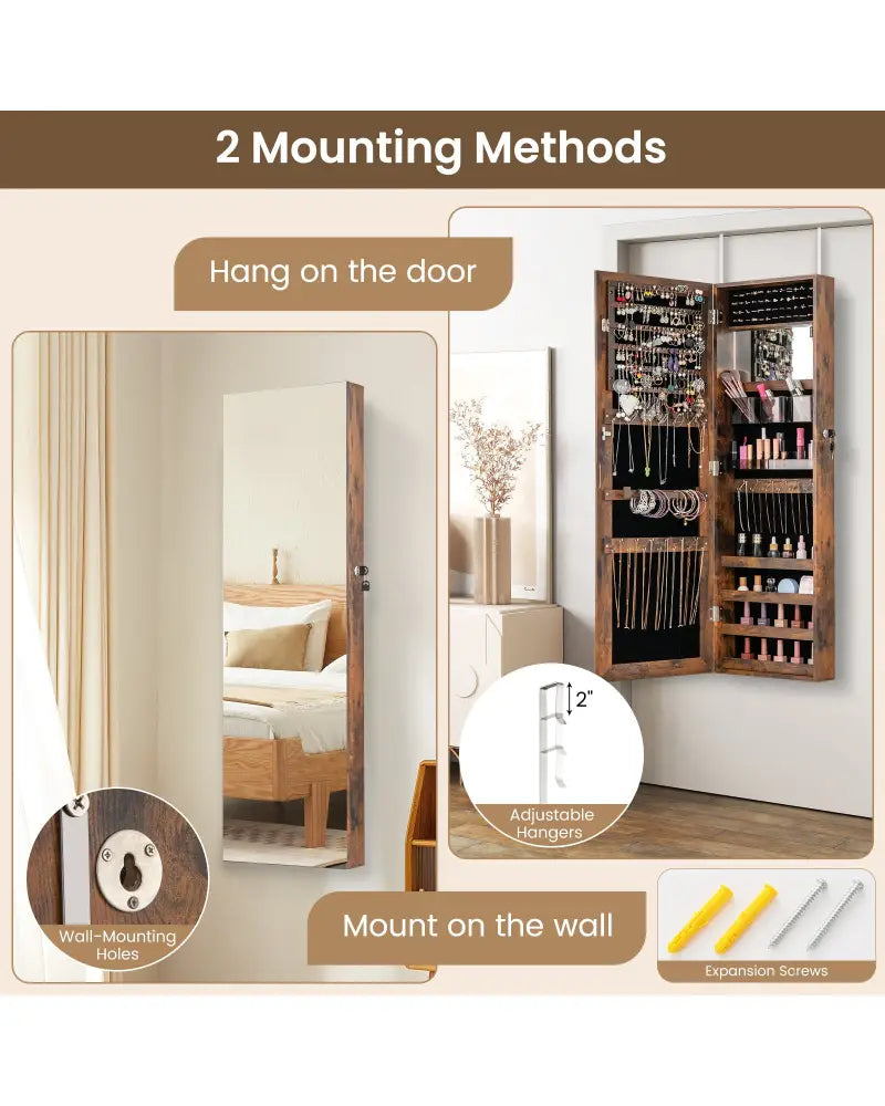 43.5 Inch Jewelry Mirror Cabinet with Full-length Mirror and Adjustable Hangers-Rustic Brown - Rustic Brown - Jewelry