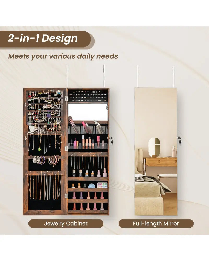 43.5 Inch Jewelry Mirror Cabinet with Full-length Mirror and Adjustable Hangers-Rustic Brown - Rustic Brown - Jewelry