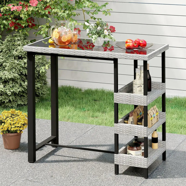 43.5 Inch Outdoor Bar Table with Tempered Glass Top - Gray - Patio Dining Tables