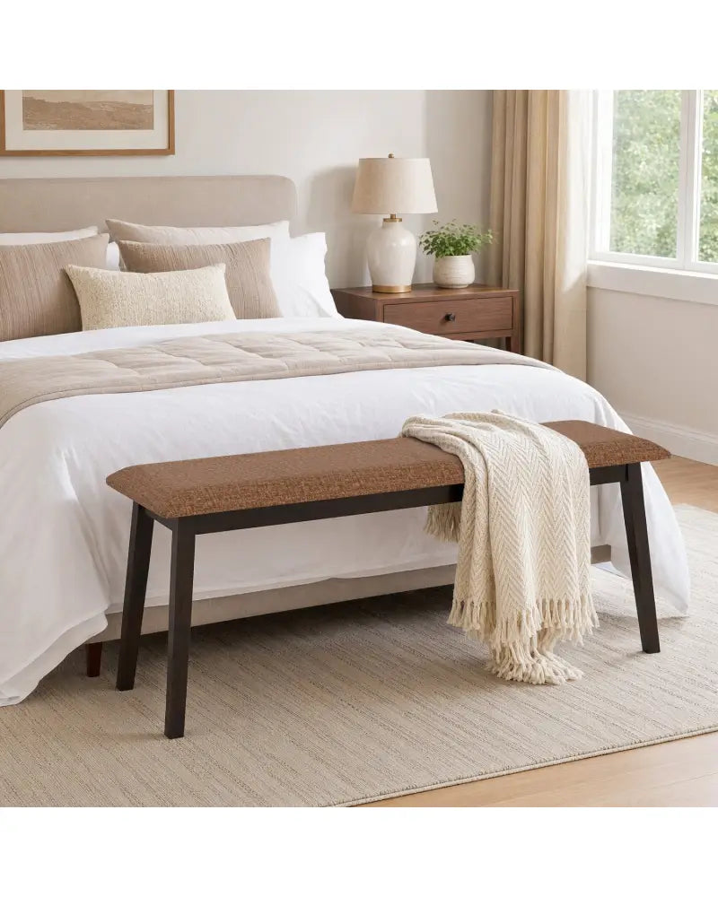 43.5 Inch Upholstered Entryway Bench with Rubber Wood Frame-Brown - Brown - Shoe Racks & Storage Benches