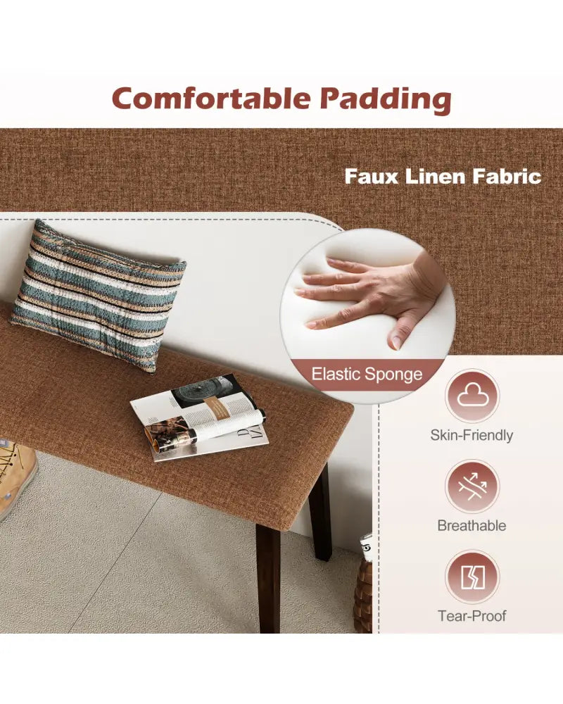 43.5 Inch Upholstered Entryway Bench with Rubber Wood Frame-Brown - Brown - Shoe Racks & Storage Benches