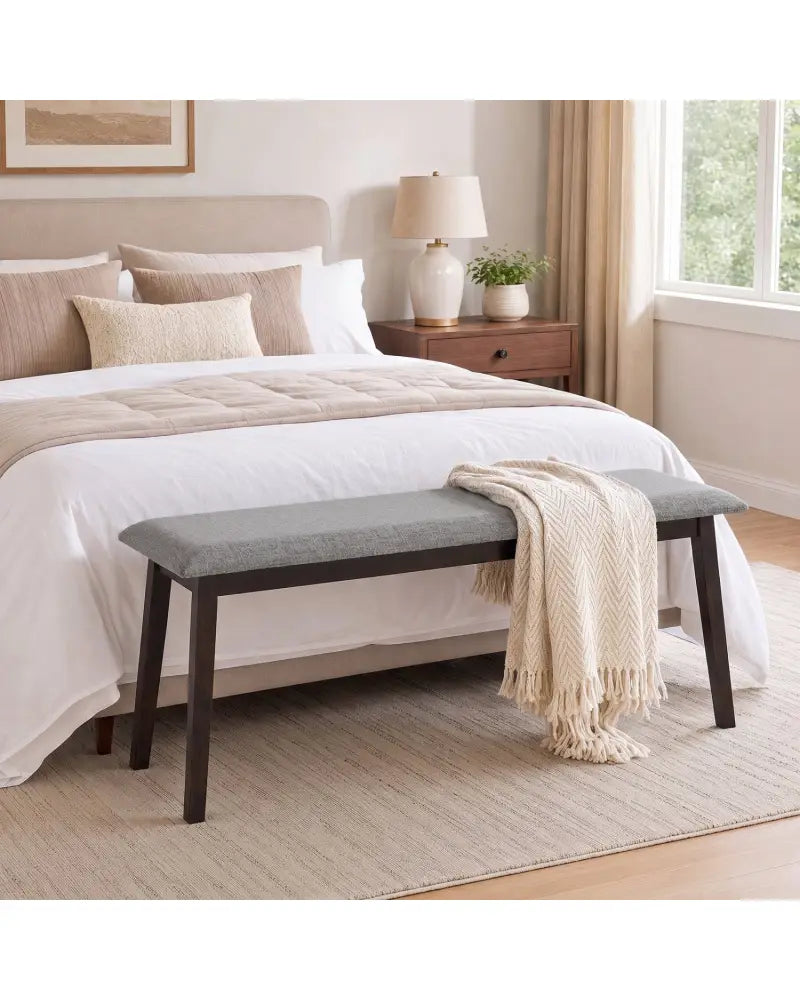 43.5 Inch Upholstered Entryway Bench with Rubber Wood Frame-Gray - Gray - Shoe Racks & Storage Benches